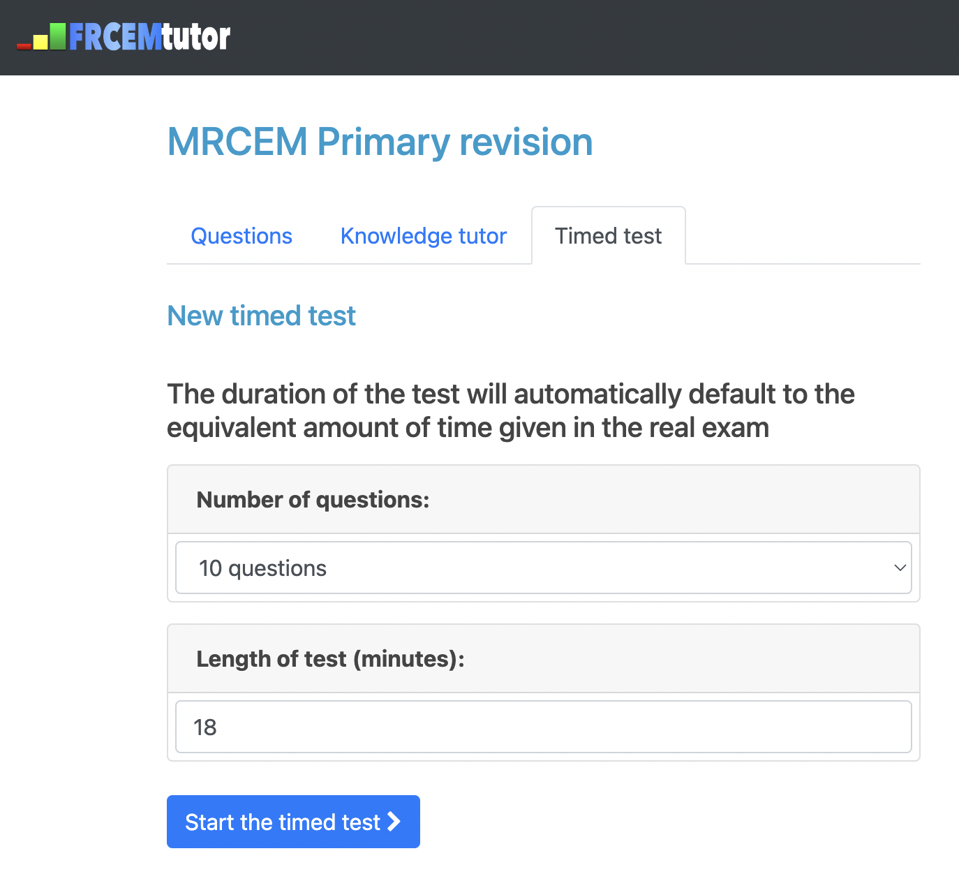 FRCEMtutor timed test feature